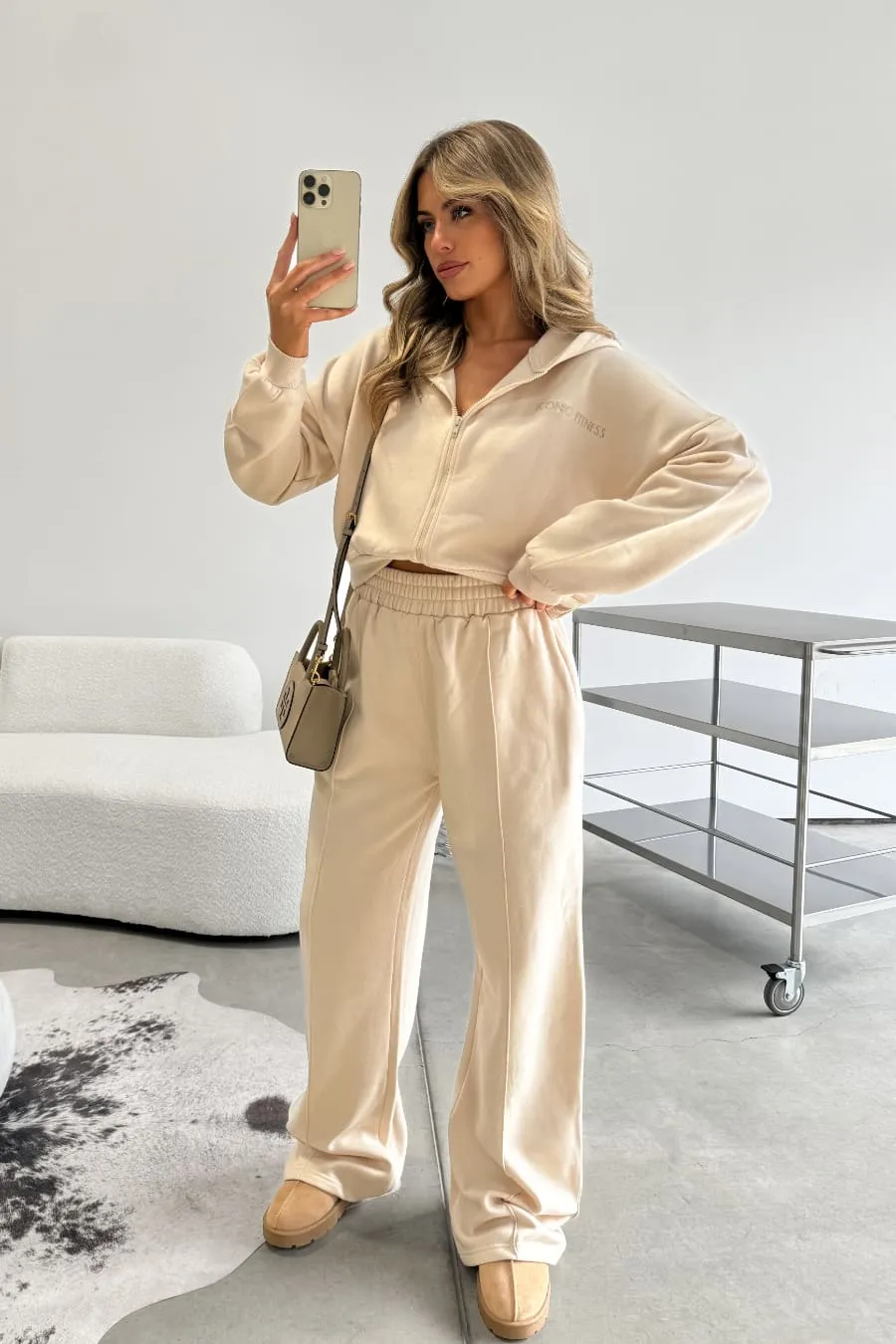 Hooded Sweatshirt And Wide Leg Jogger Set - Beige
