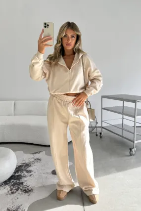 Hooded Sweatshirt And Wide Leg Jogger Set - Beige