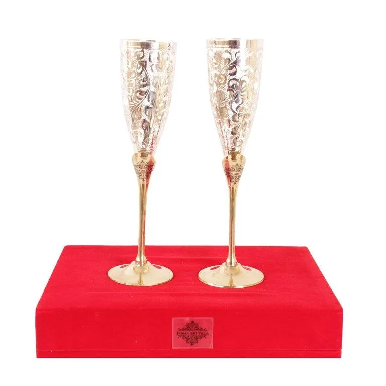 Indian Art Villa Set of 2 Silver Plated & Brass Champagne Wine Glass With Box