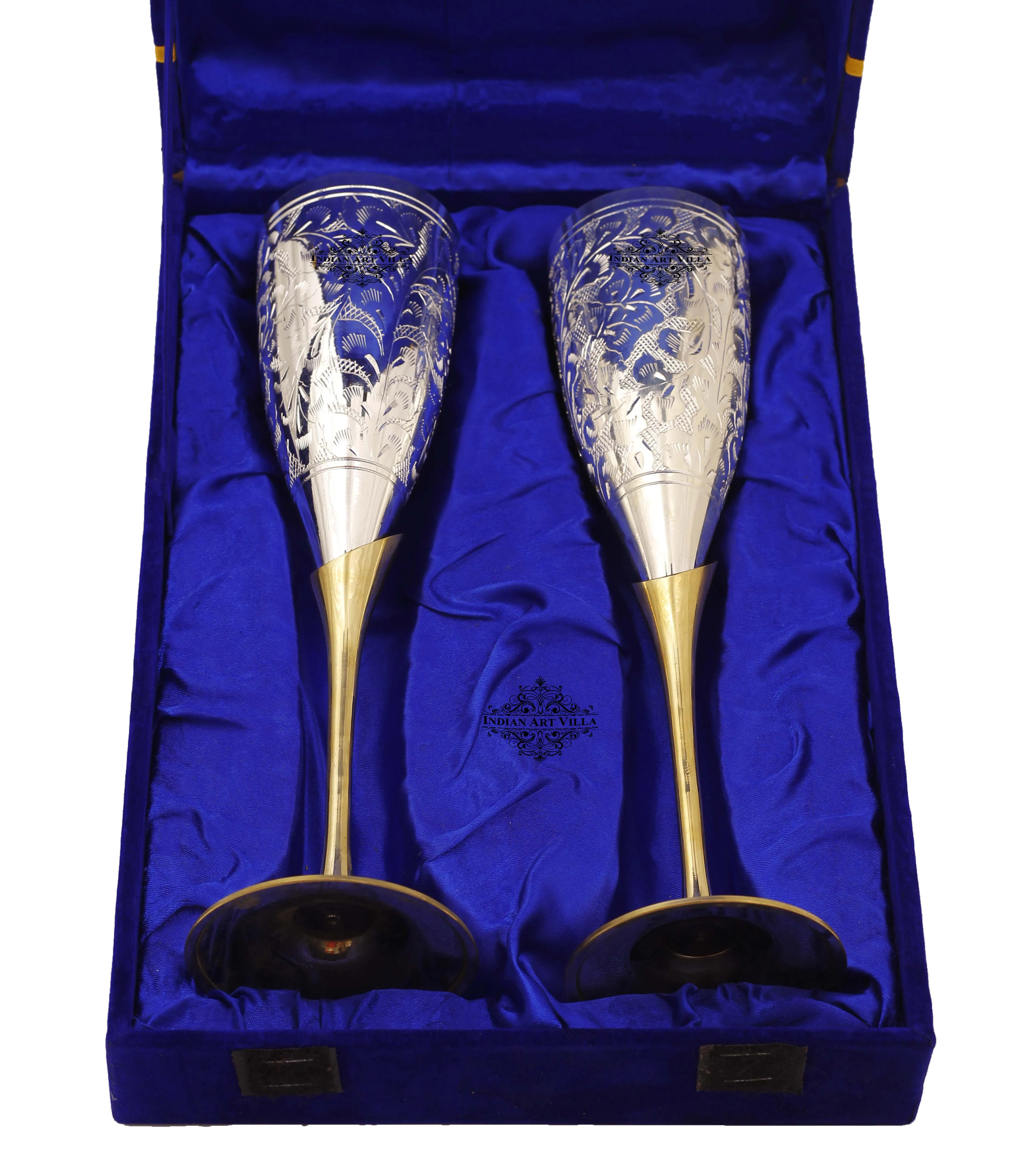 Indian Art Villa Set of 2 Silver Plated & Brass Champagne Wine Glass With Box