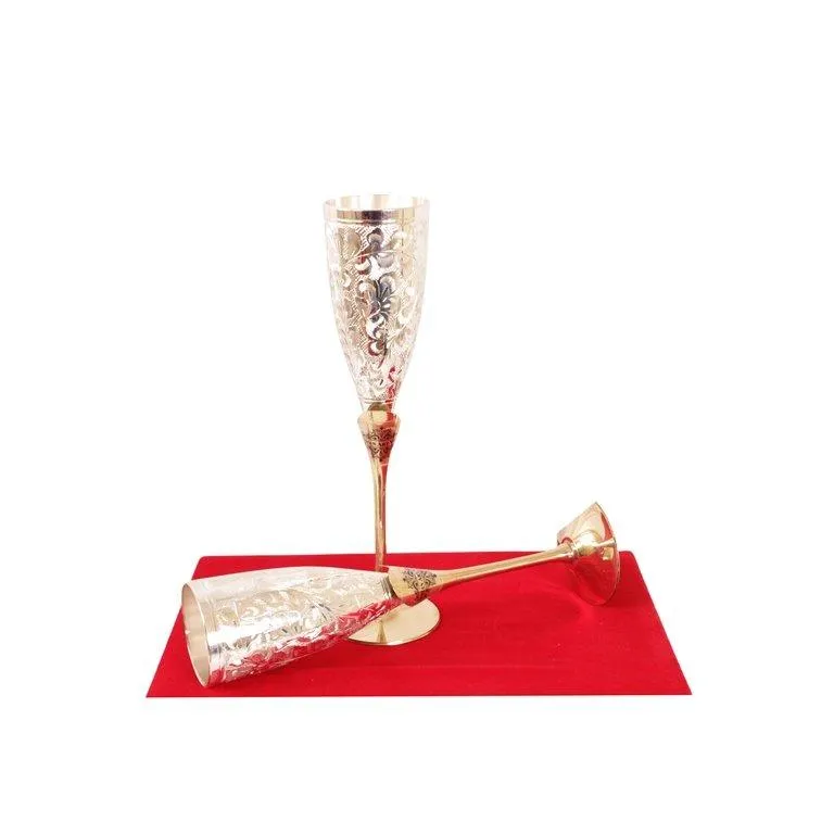 Indian Art Villa Set of 2 Silver Plated & Brass Champagne Wine Glass With Box