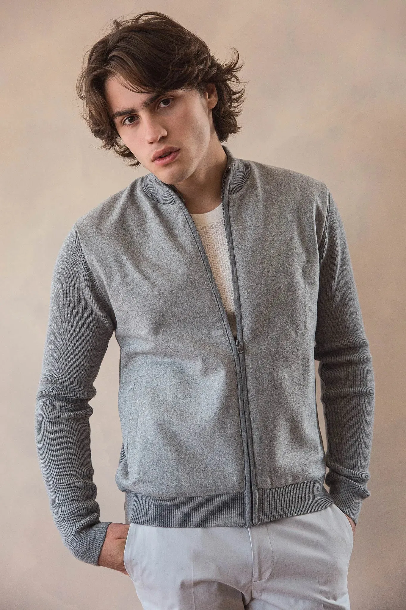 Jake Melton Front Knitted Bomber Jacket in Light Grey