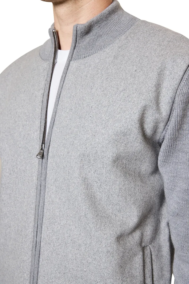 Jake Melton Front Knitted Bomber Jacket in Light Grey