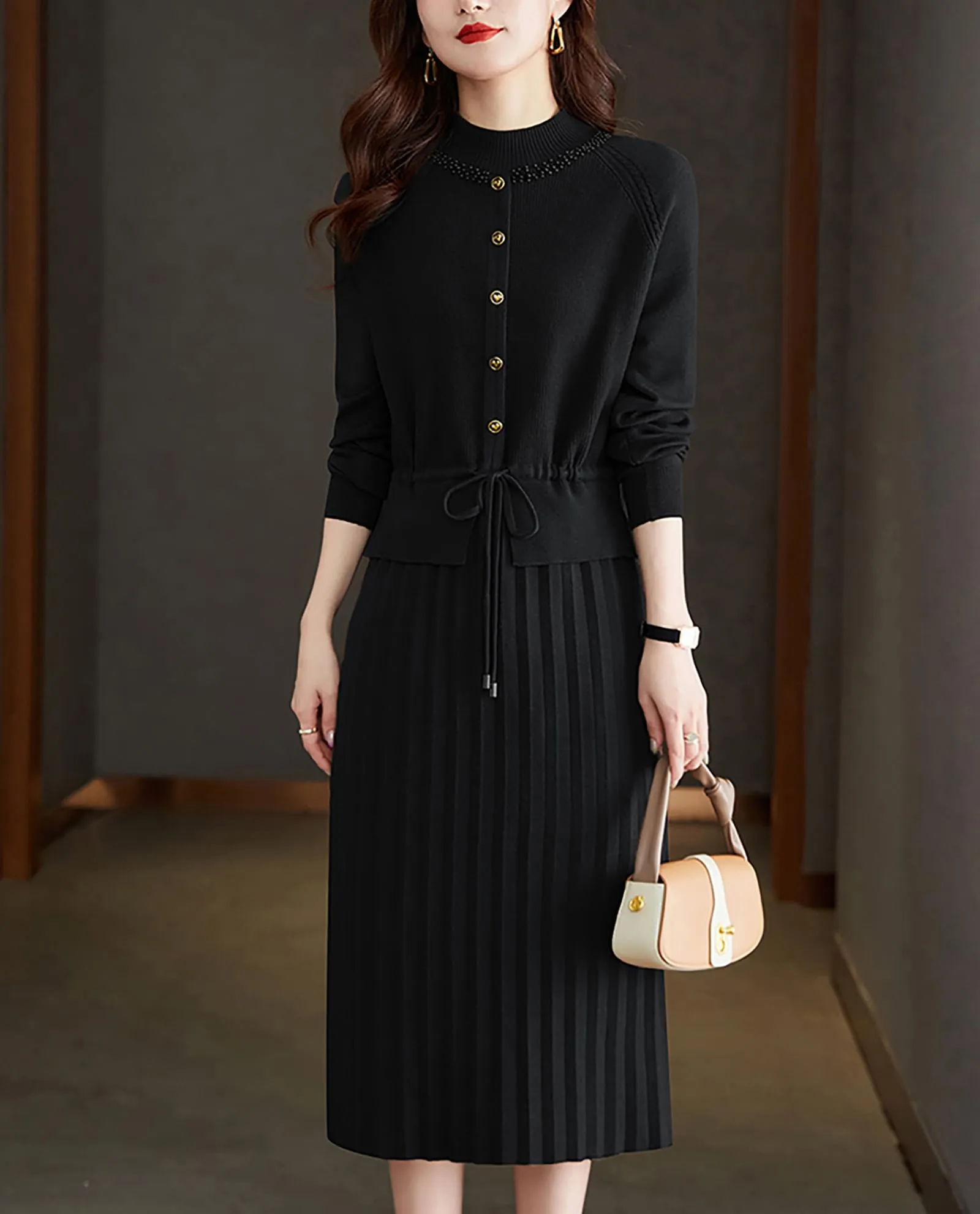 Knit  Drawstring Stretchy Button Midi Dress
