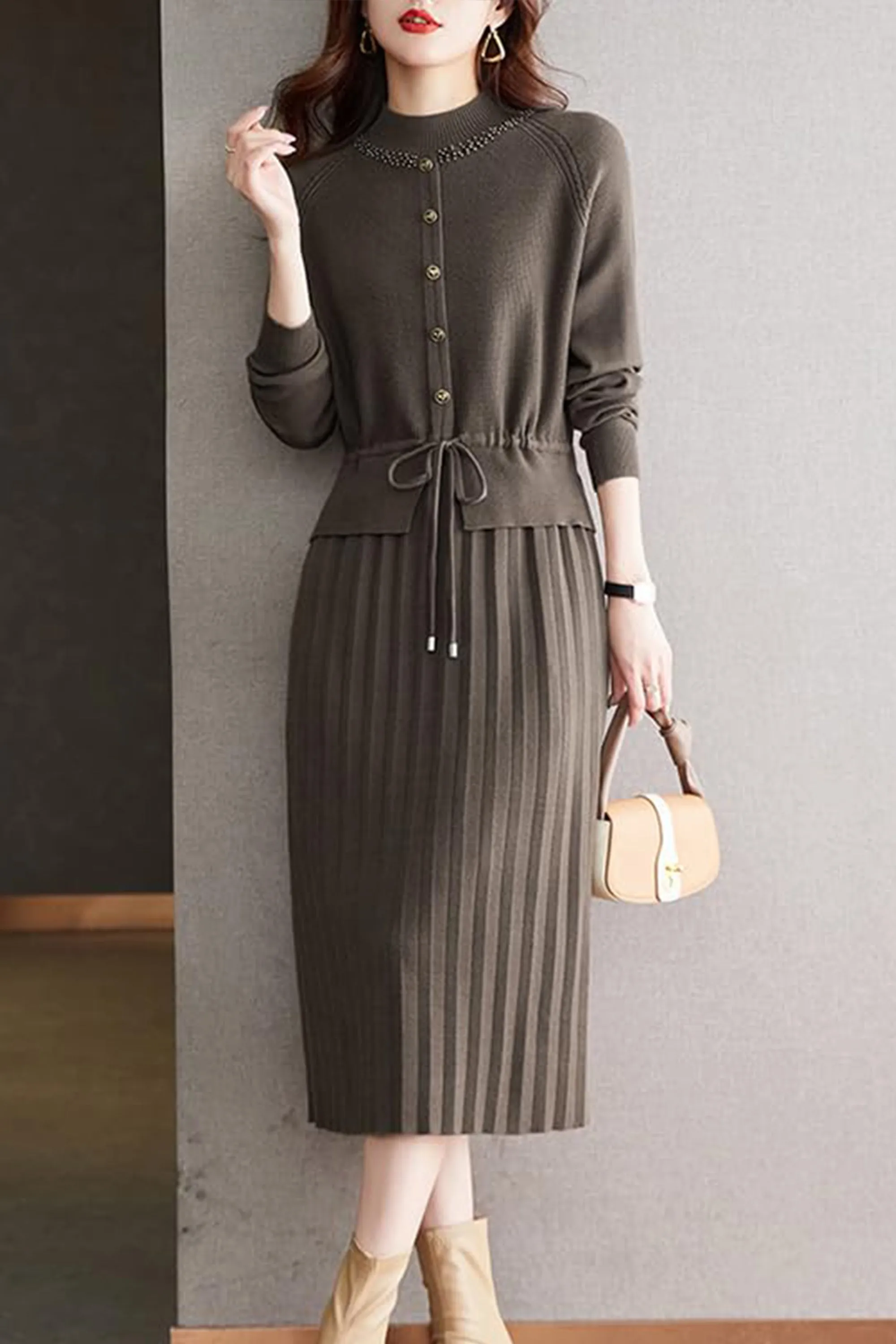 Knit  Drawstring Stretchy Button Midi Dress
