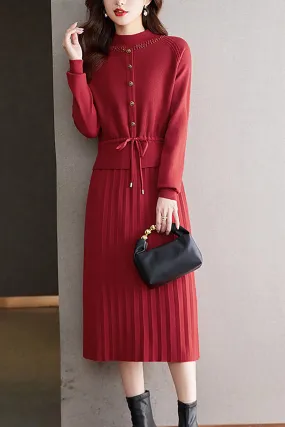 Knit  Drawstring Stretchy Button Midi Dress