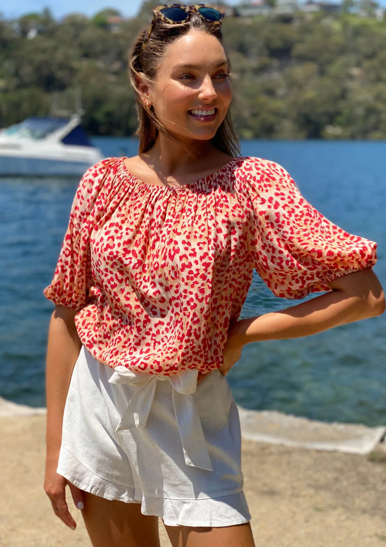 LA0324-6SS Leopard Off Shoulder Top (Pack)