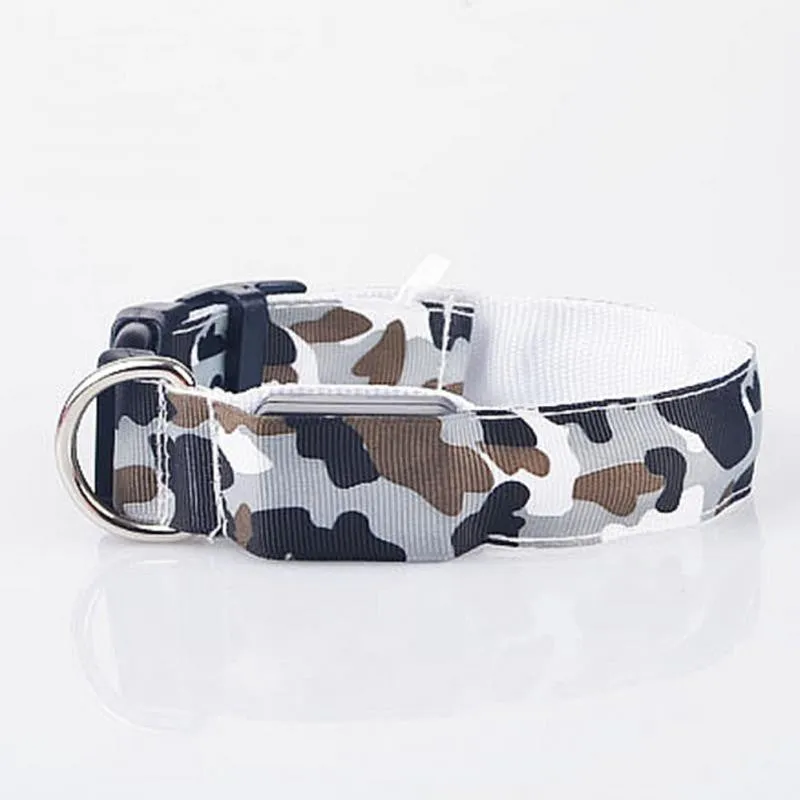 LED Light-up Dog Collars Camouflage Print -  Flashing or Glow In The Dark LED Nylon Pet Collar