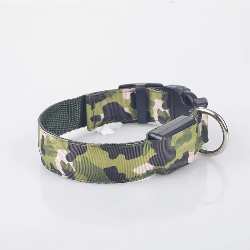 LED Light-up Dog Collars Camouflage Print -  Flashing or Glow In The Dark LED Nylon Pet Collar