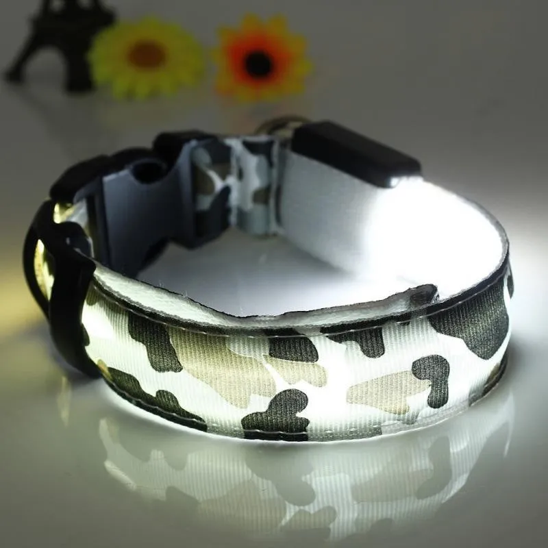 LED Light-up Dog Collars Camouflage Print -  Flashing or Glow In The Dark LED Nylon Pet Collar