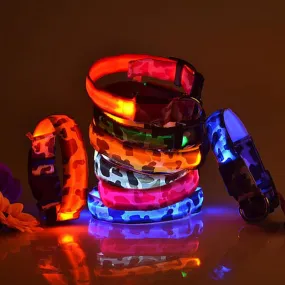 LED Light-up Dog Collars Camouflage Print -  Flashing or Glow In The Dark LED Nylon Pet Collar