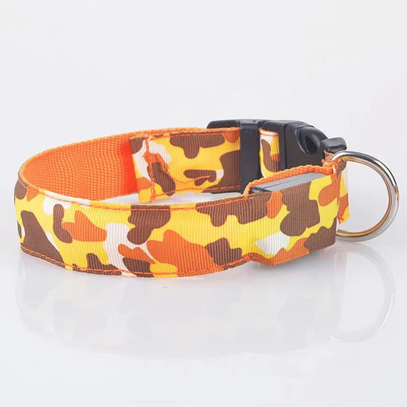 LED Light-up Dog Collars Camouflage Print -  Flashing or Glow In The Dark LED Nylon Pet Collar