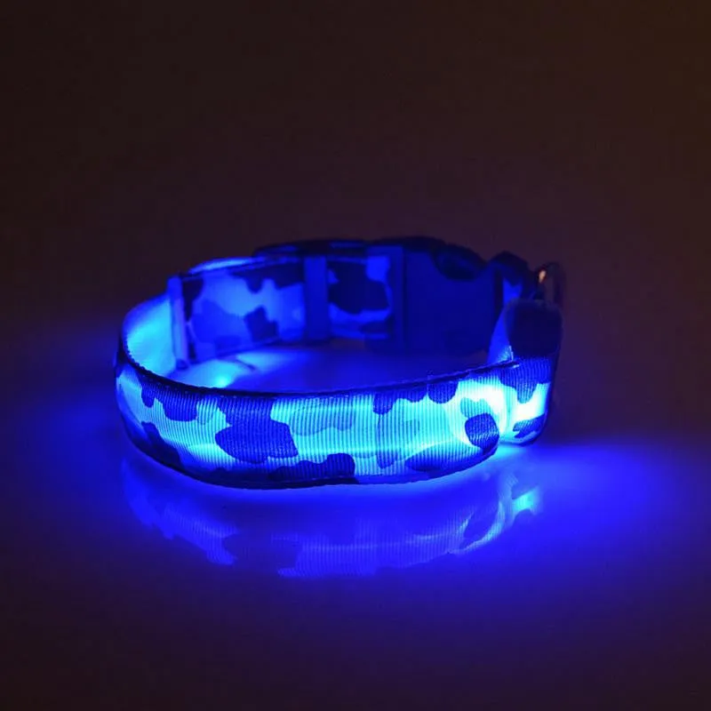 LED Light-up Dog Collars Camouflage Print -  Flashing or Glow In The Dark LED Nylon Pet Collar