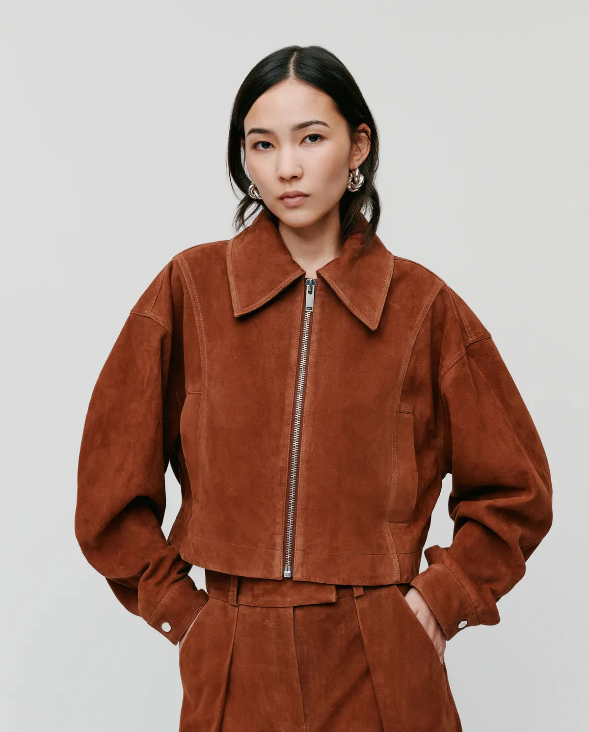 Lena Cropped Suede Leather Jacket in Cognac