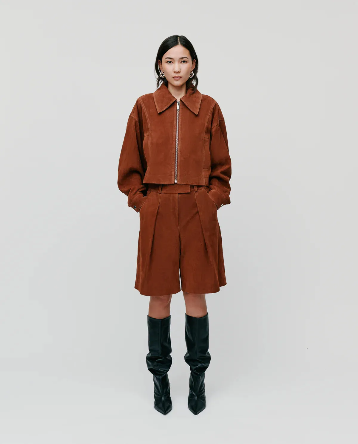 Lena Cropped Suede Leather Jacket in Cognac