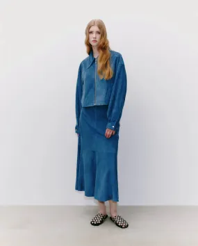 Lena Cropped Suede Leather Jackt in Stone Blue