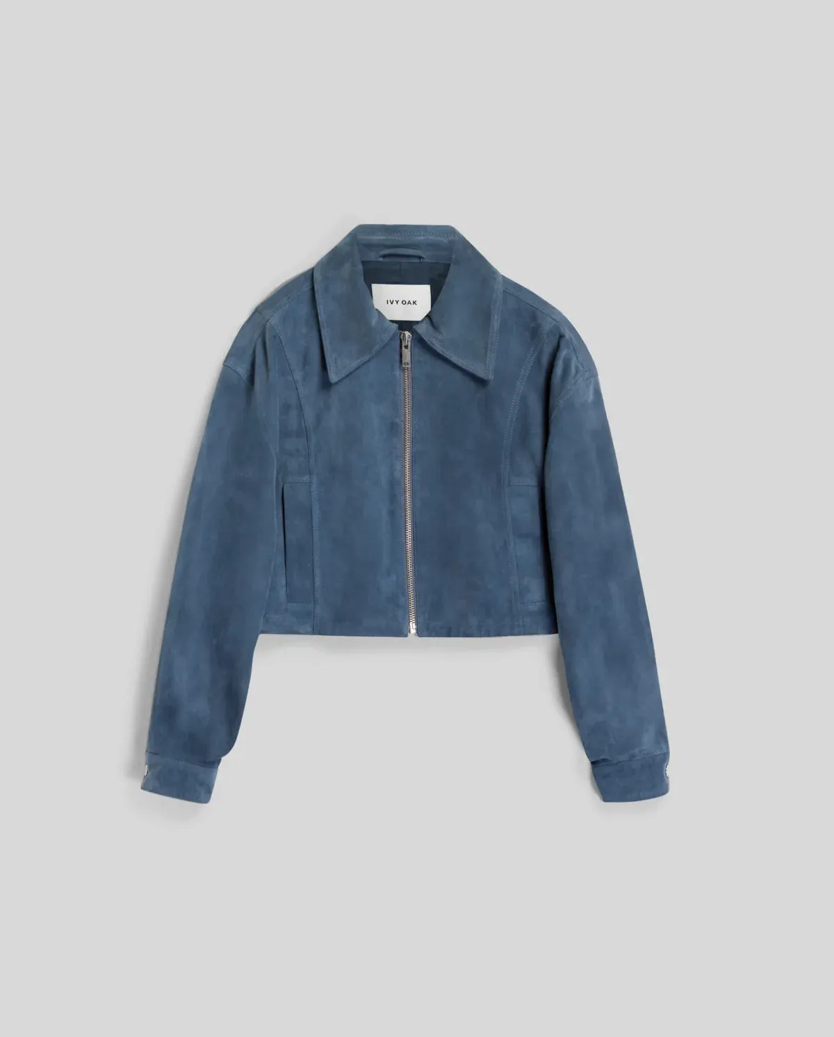 Lena Cropped Suede Leather Jackt in Stone Blue