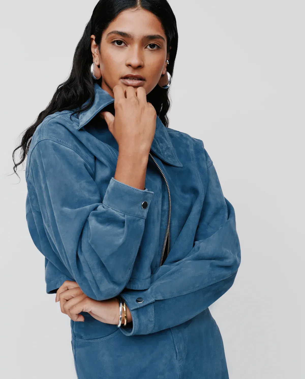 Lena Cropped Suede Leather Jackt in Stone Blue