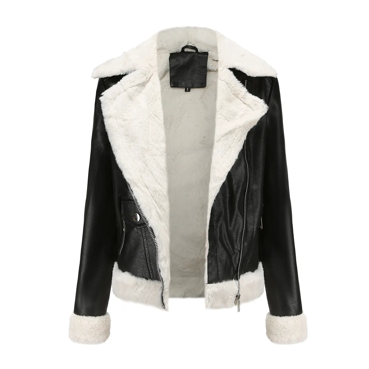 Long Sleeves Faux Shearling Leather Jacket