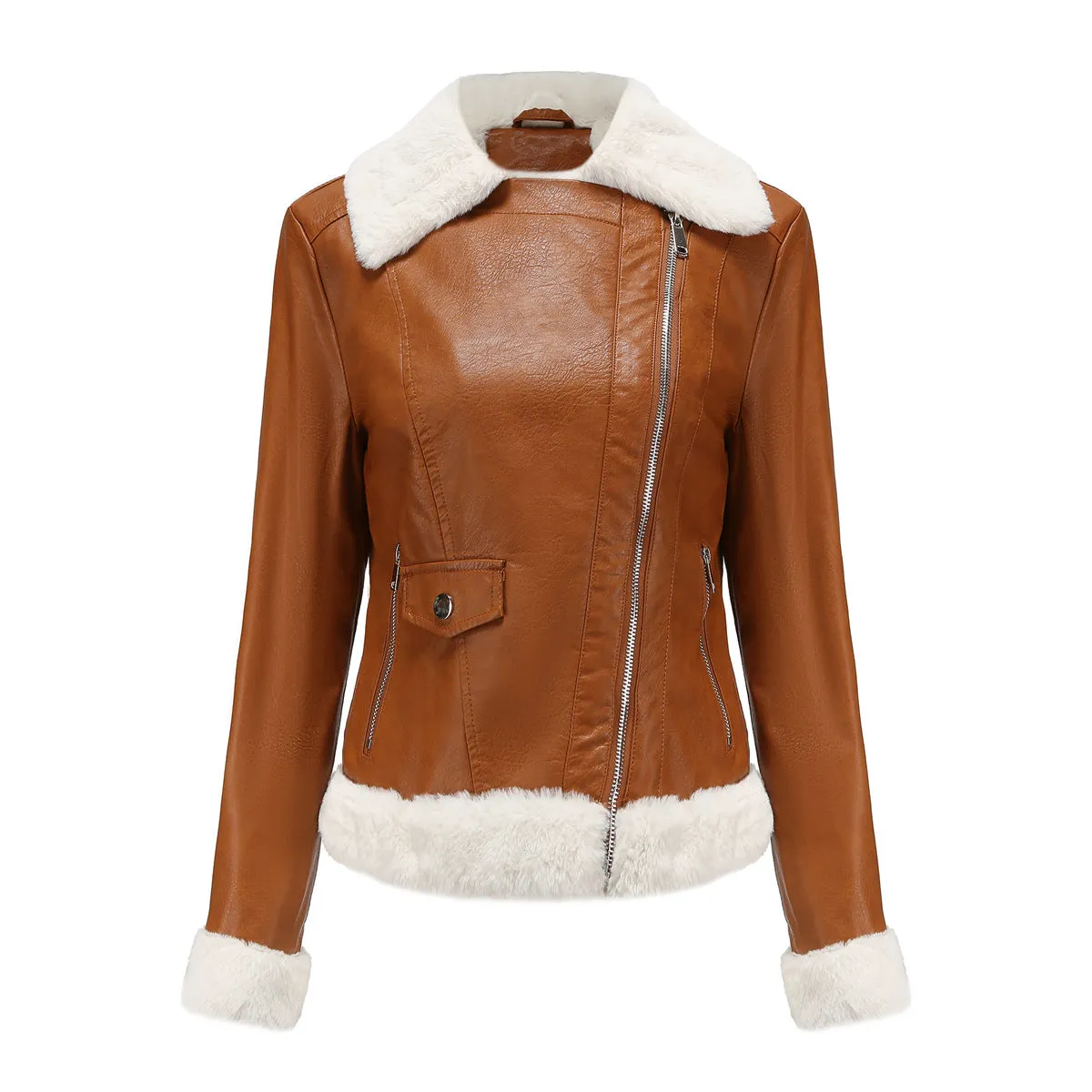 Long Sleeves Faux Shearling Leather Jacket