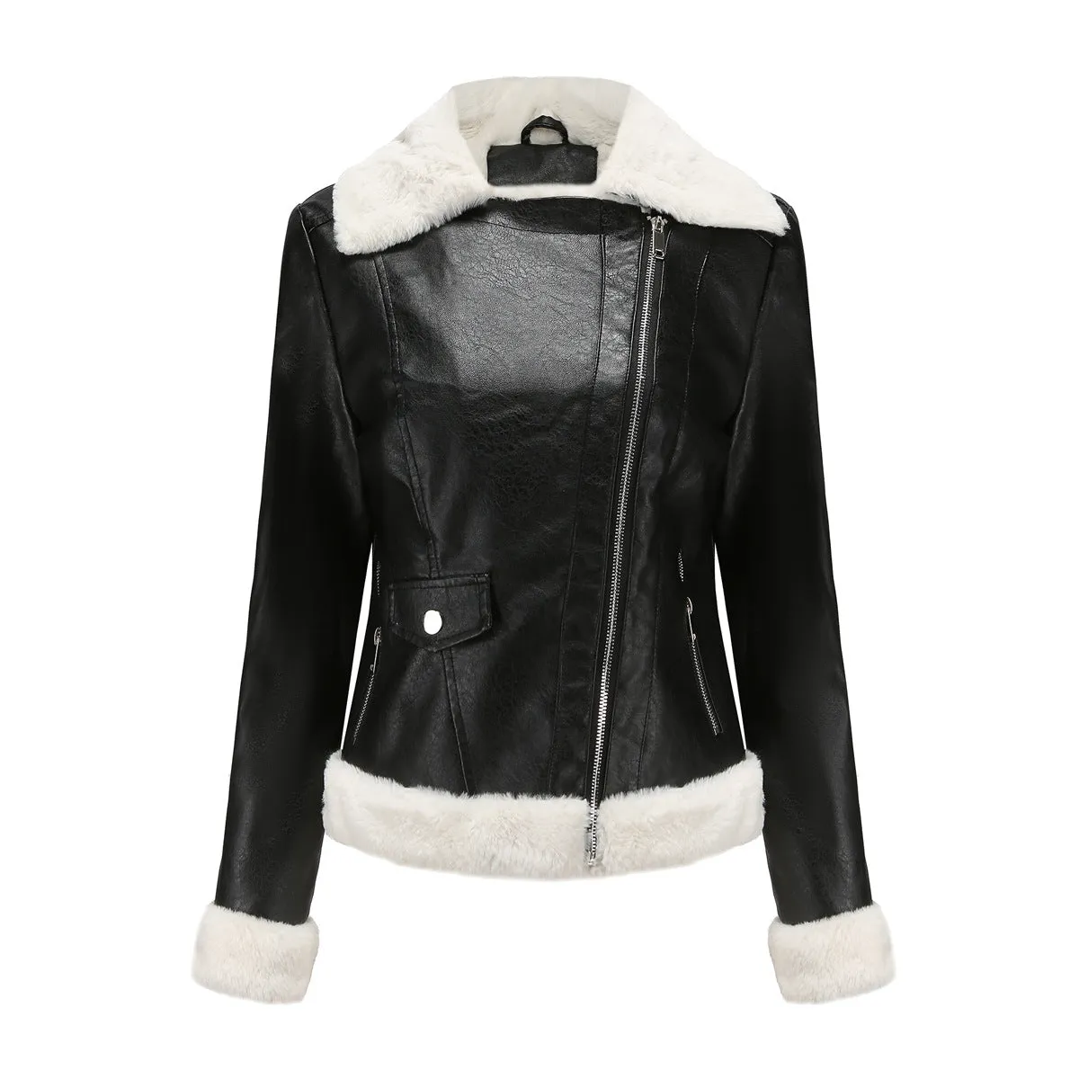Long Sleeves Faux Shearling Leather Jacket