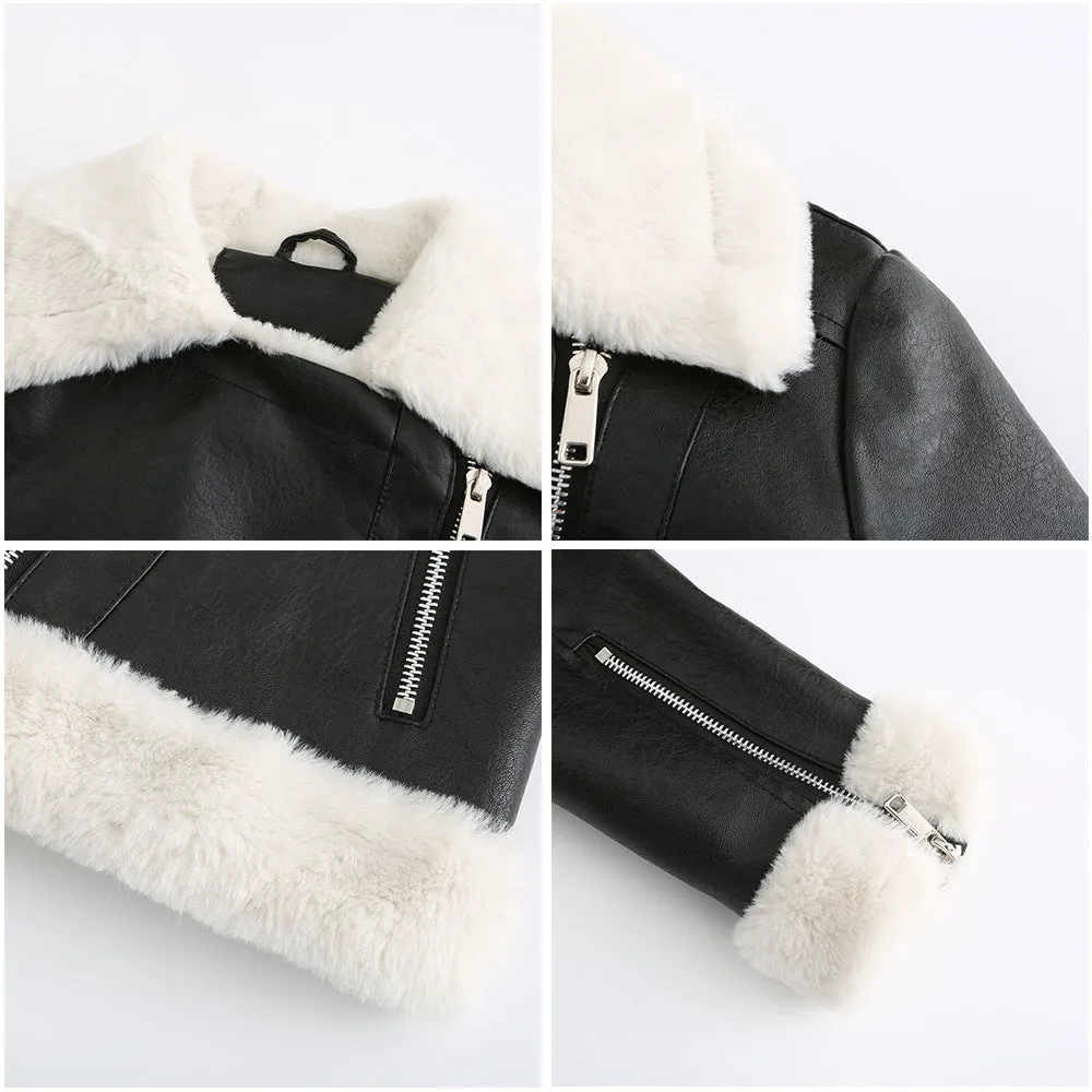 Long Sleeves Faux Shearling Leather Jacket