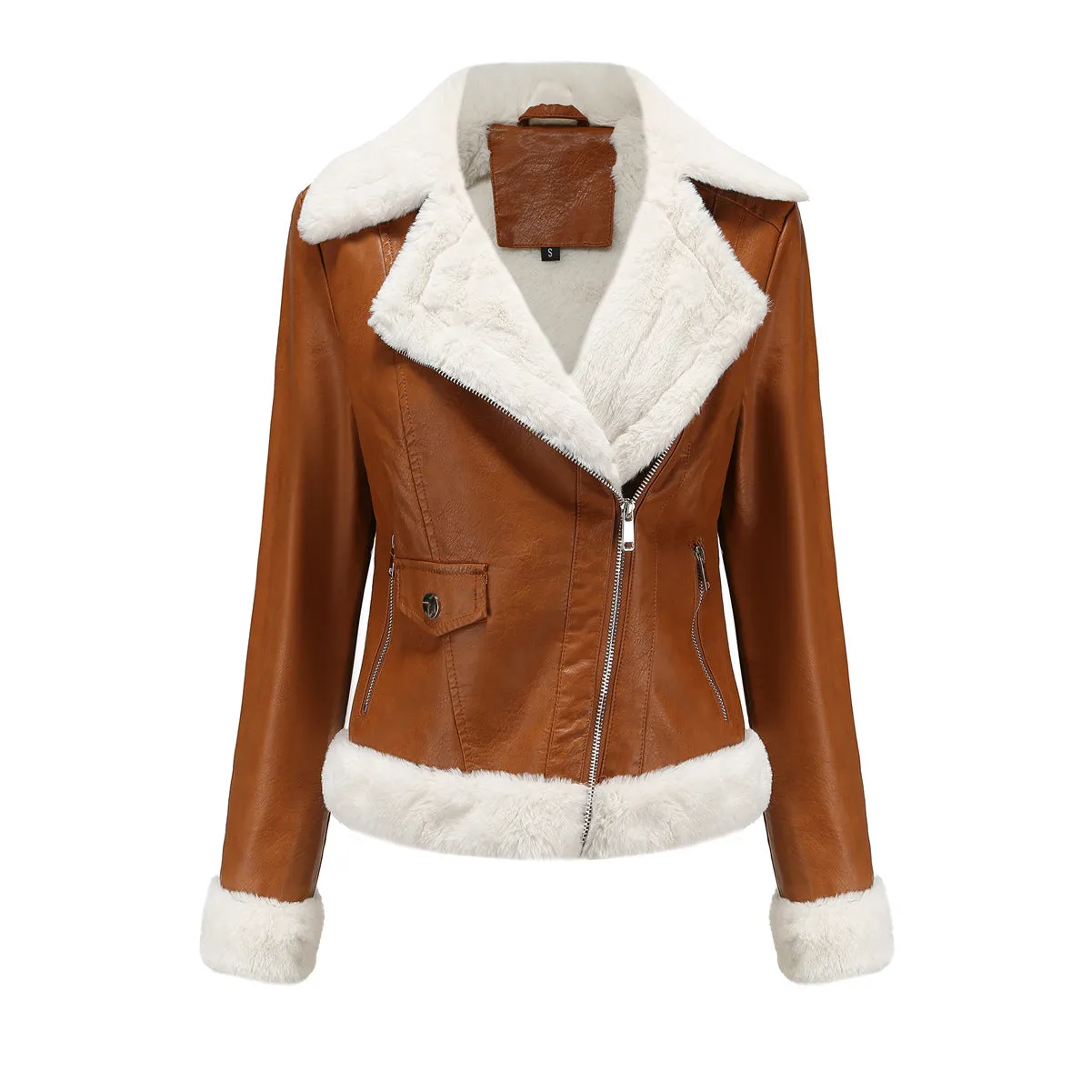 Long Sleeves Faux Shearling Leather Jacket