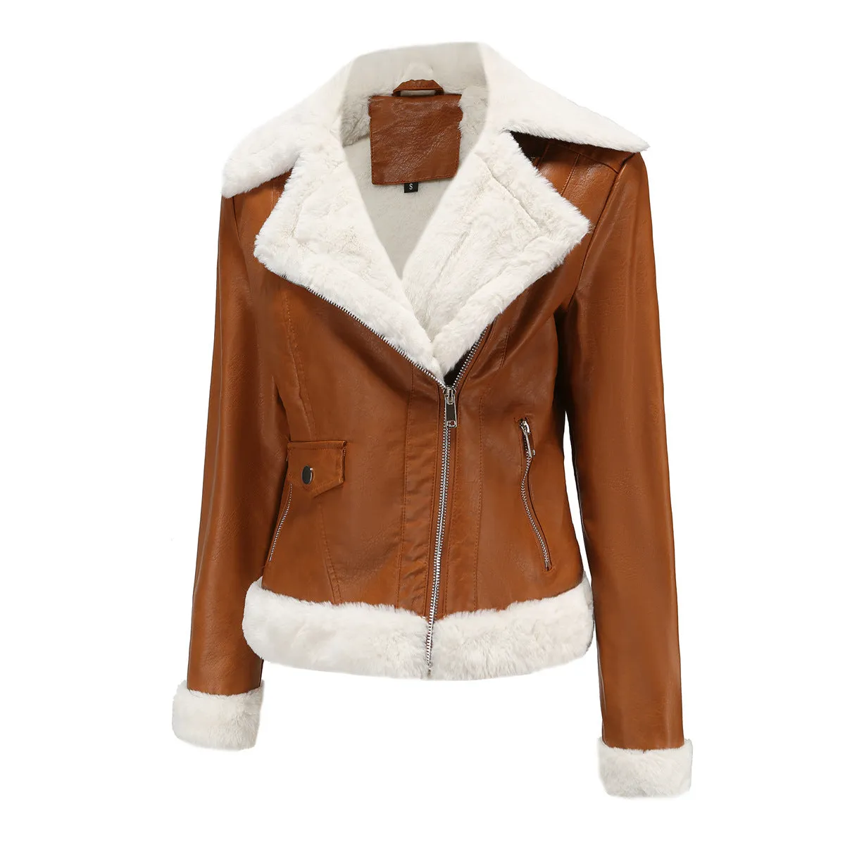 Long Sleeves Faux Shearling Leather Jacket