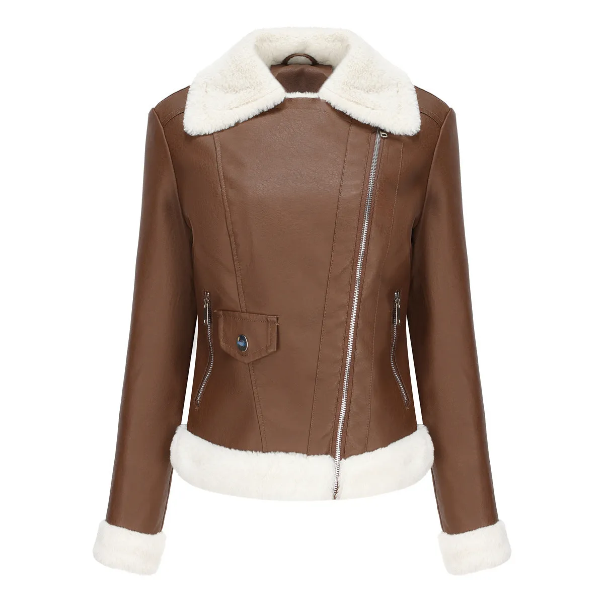 Long Sleeves Faux Shearling Leather Jacket
