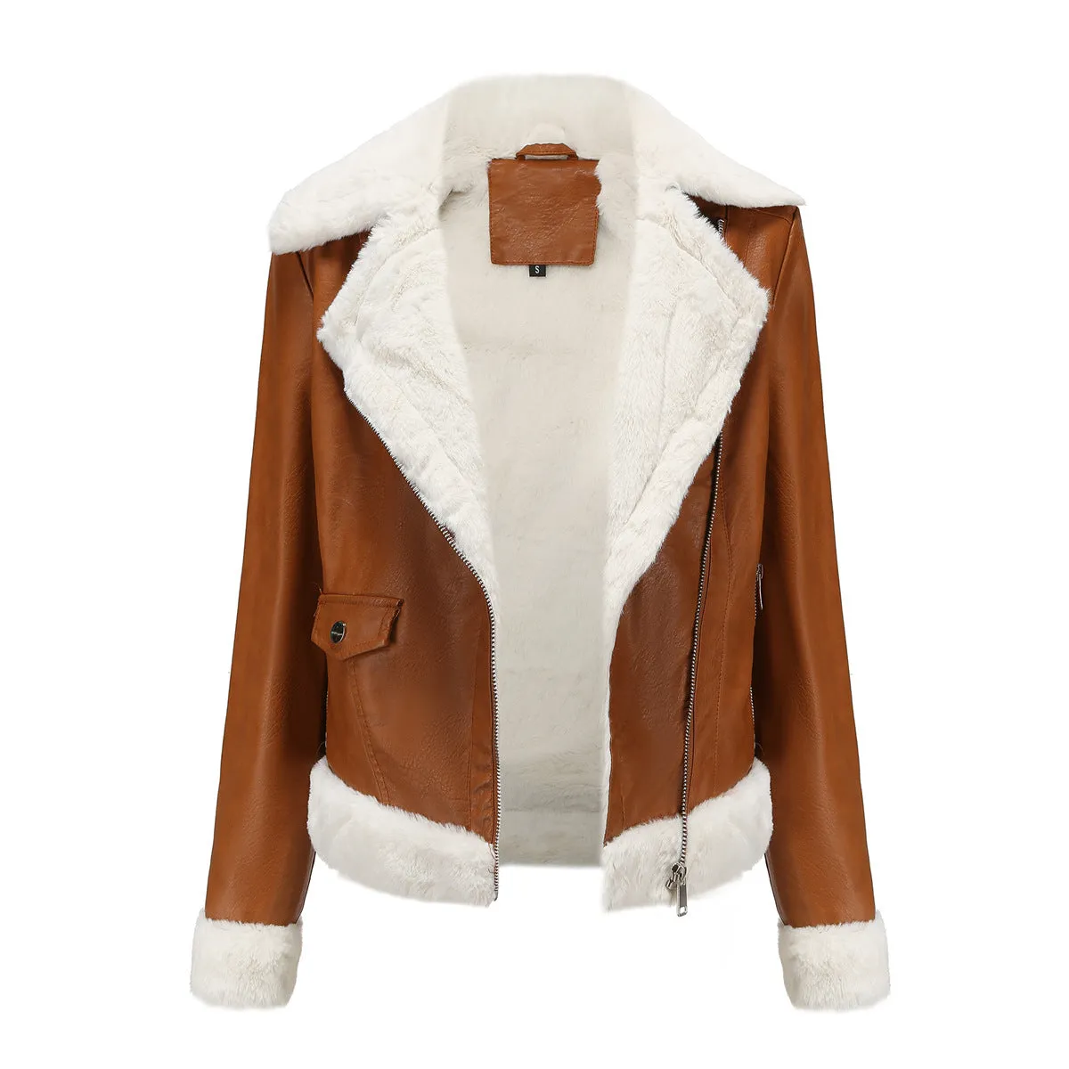 Long Sleeves Faux Shearling Leather Jacket