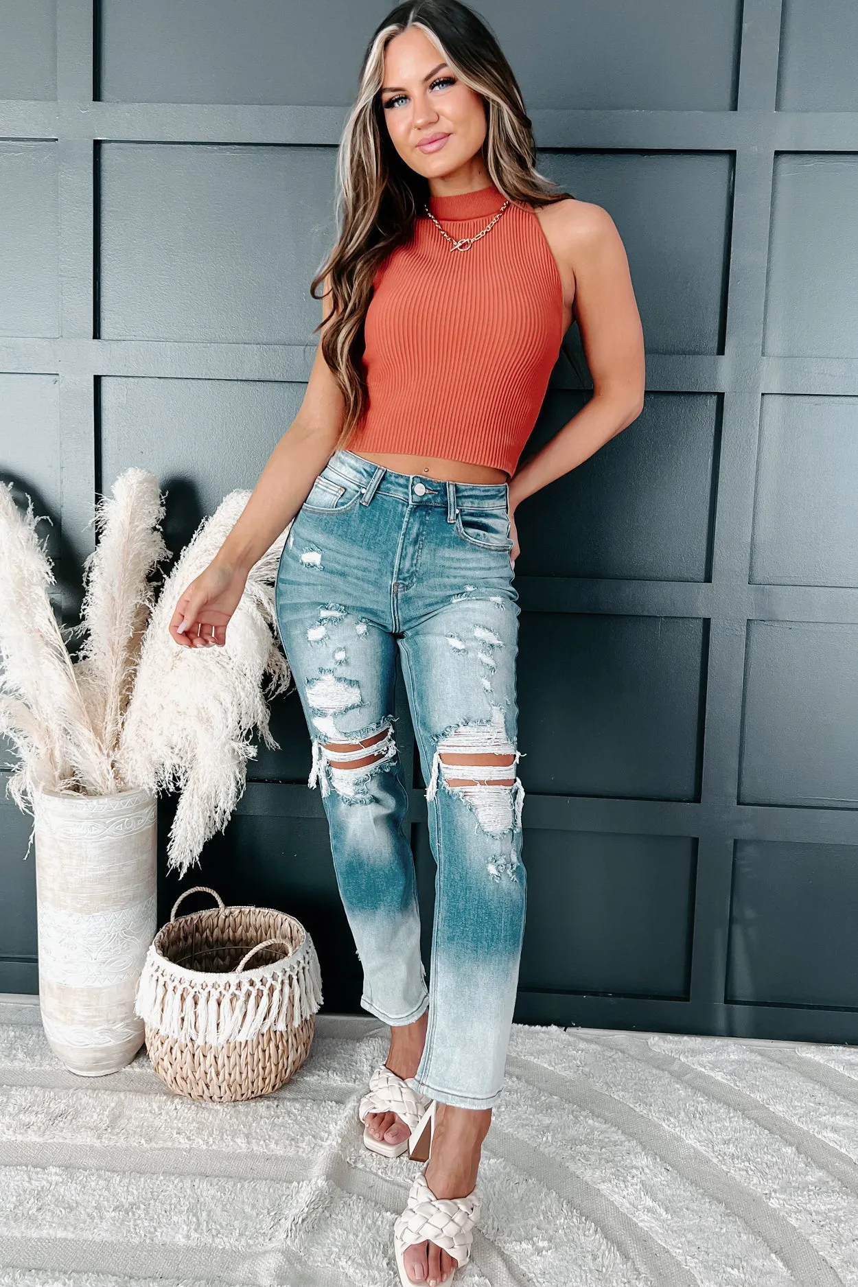 Maddy Mock Neck Ribbed Knit Tank Top (Rust)