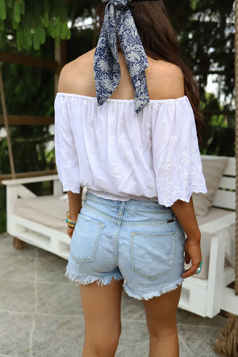 Madora Embroidered Eyelet Smocked Off Shoulder Top - White