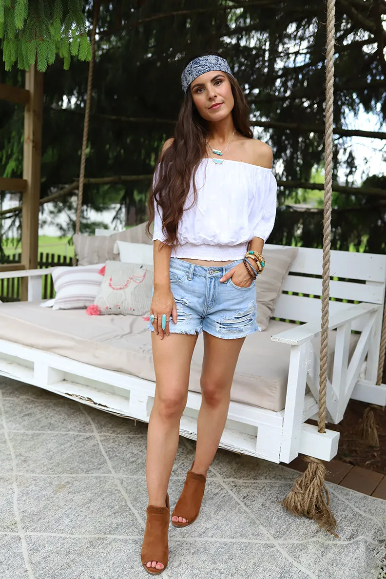 Madora Embroidered Eyelet Smocked Off Shoulder Top - White