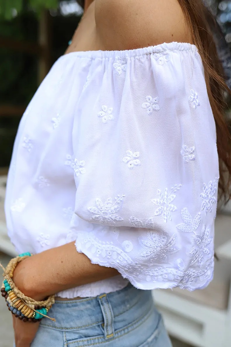 Madora Embroidered Eyelet Smocked Off Shoulder Top - White