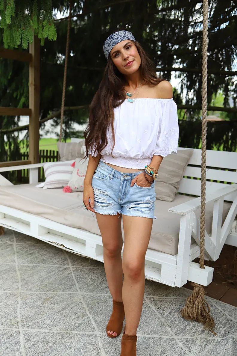 Madora Embroidered Eyelet Smocked Off Shoulder Top - White