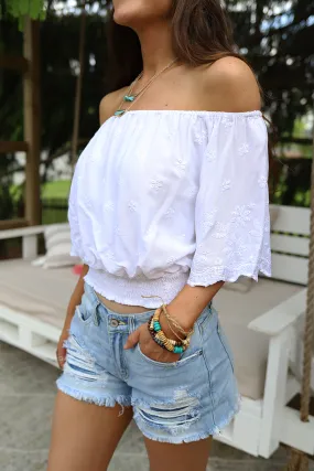 Madora Embroidered Eyelet Smocked Off Shoulder Top - White