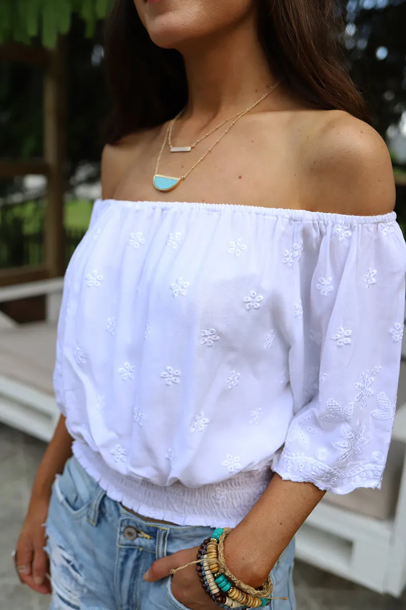 Madora Embroidered Eyelet Smocked Off Shoulder Top - White