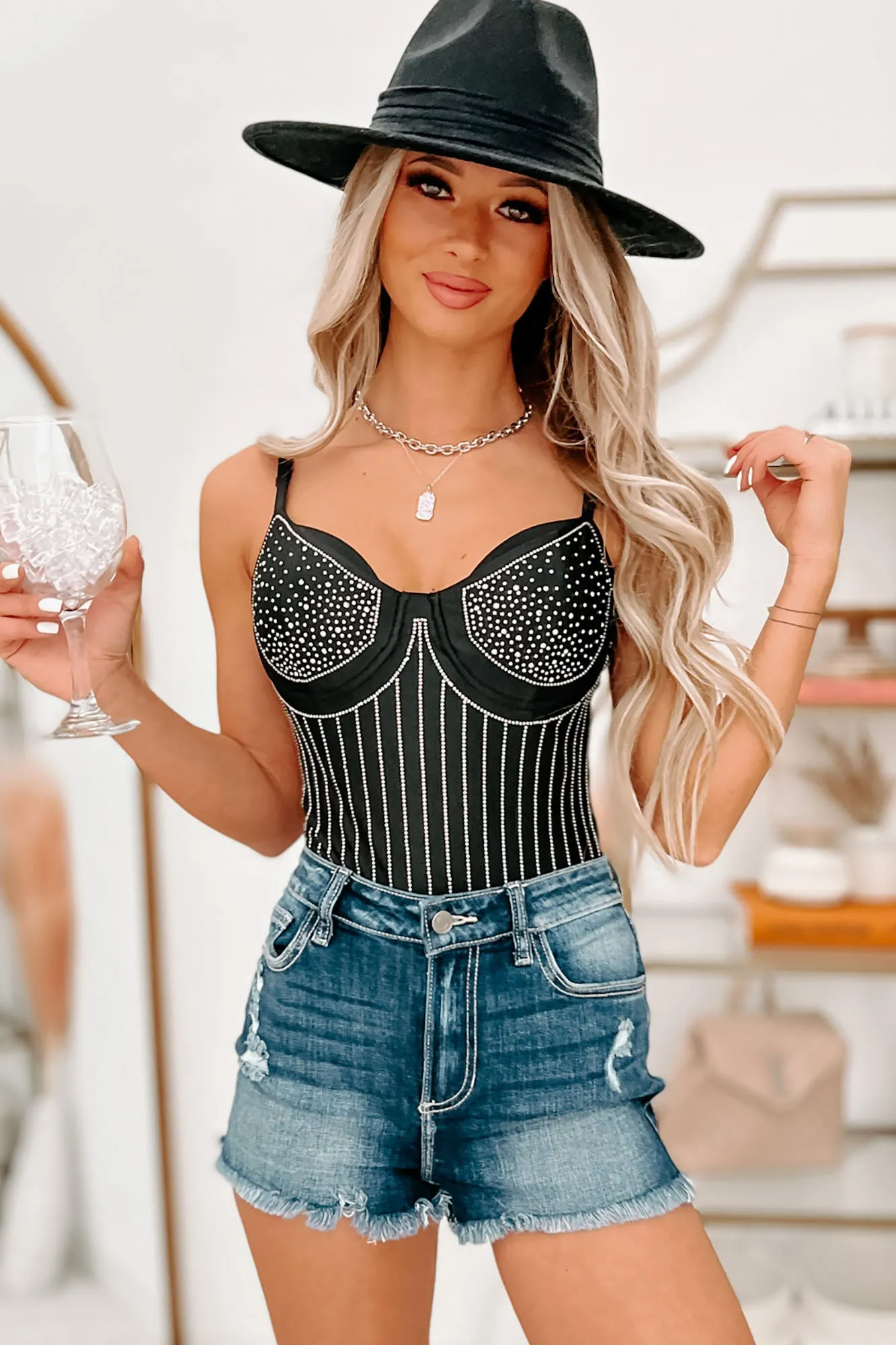 Me Against The Music Rhinestone Tank Bodysuit (Black)
