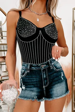 Me Against The Music Rhinestone Tank Bodysuit (Black)