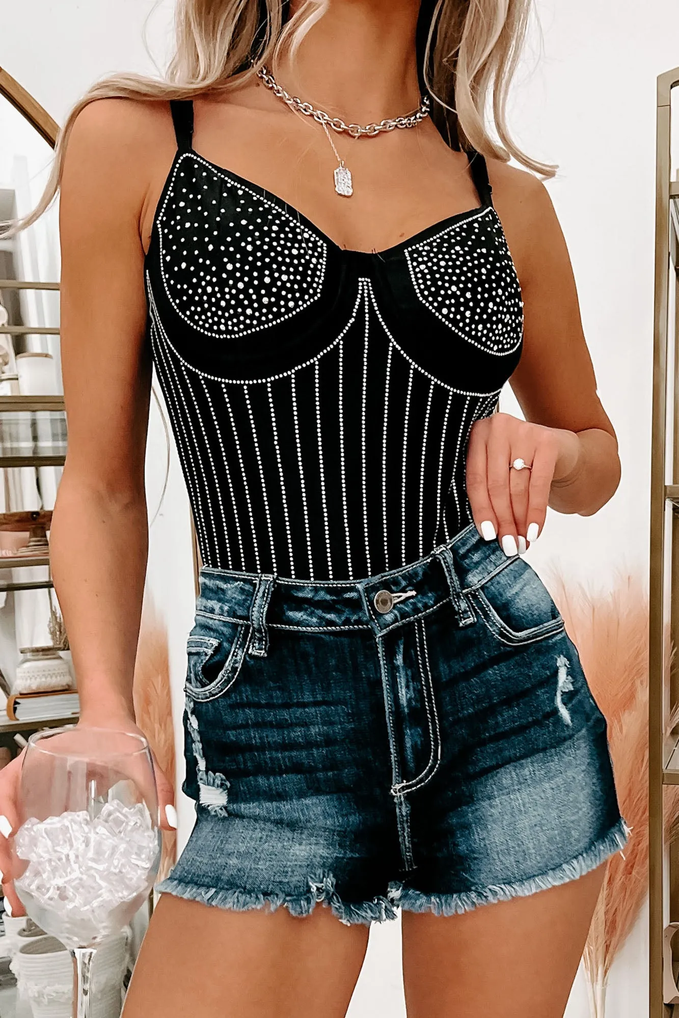 Me Against The Music Rhinestone Tank Bodysuit (Black)