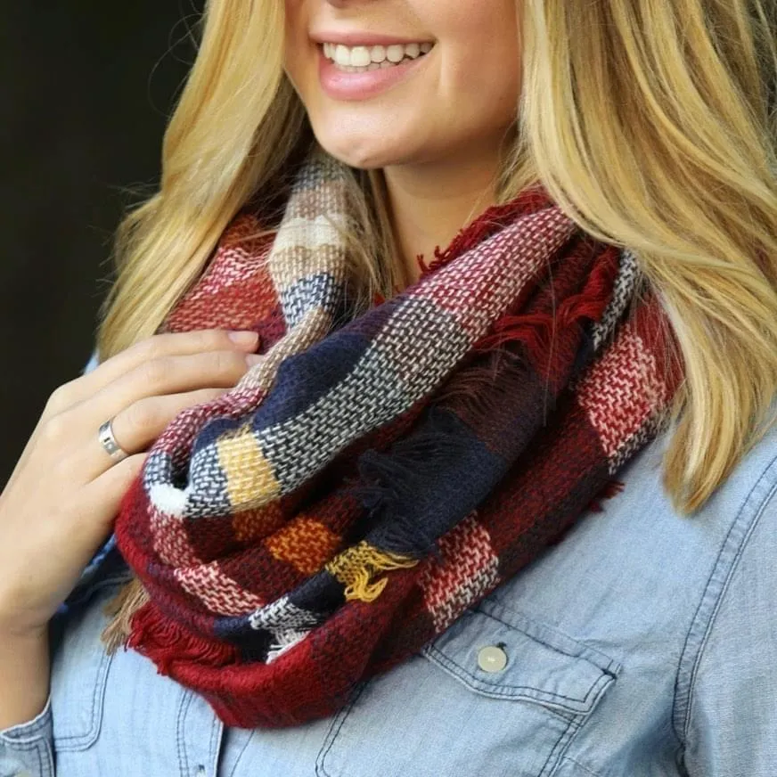 MULTI COLOR PLAID INFINITY SCARF IN FALL, HOLIDAY, OR RED NAVY COMBINATIONS