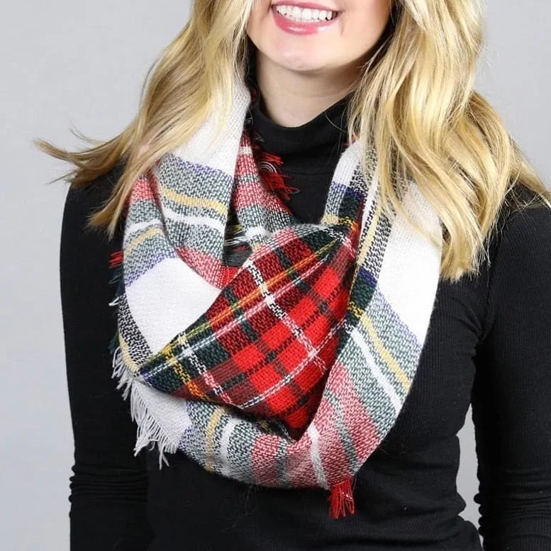 MULTI COLOR PLAID INFINITY SCARF IN FALL, HOLIDAY, OR RED NAVY COMBINATIONS