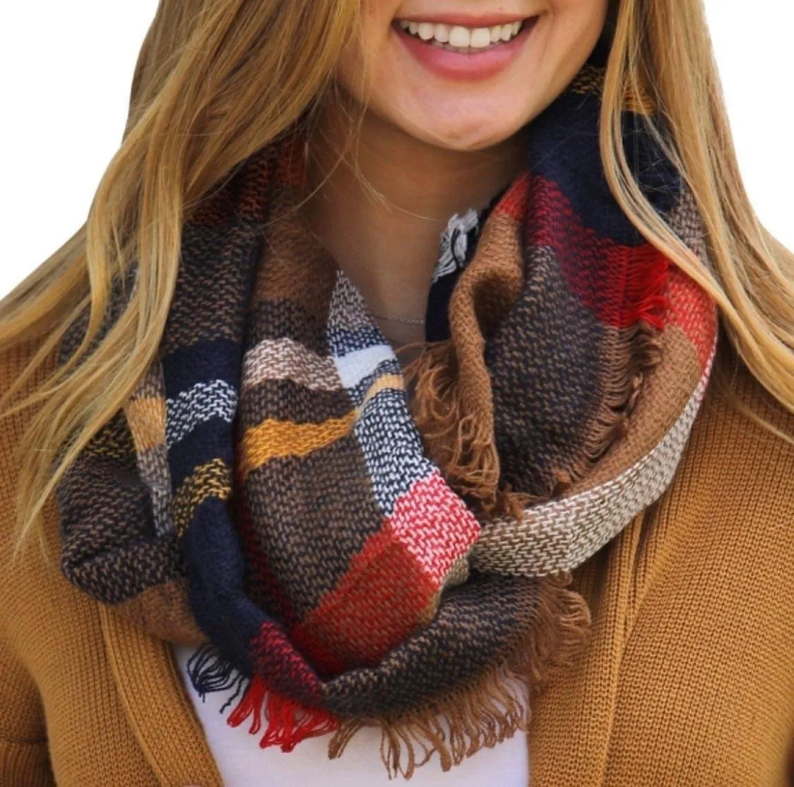 MULTI COLOR PLAID INFINITY SCARF IN FALL, HOLIDAY, OR RED NAVY COMBINATIONS