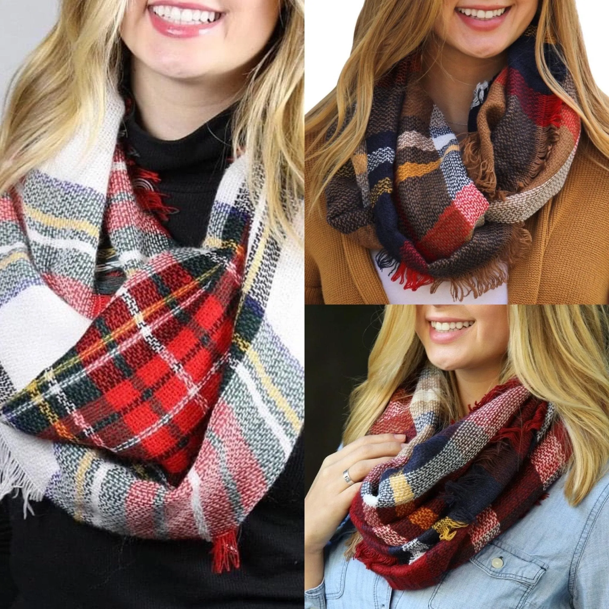 MULTI COLOR PLAID INFINITY SCARF IN FALL, HOLIDAY, OR RED NAVY COMBINATIONS