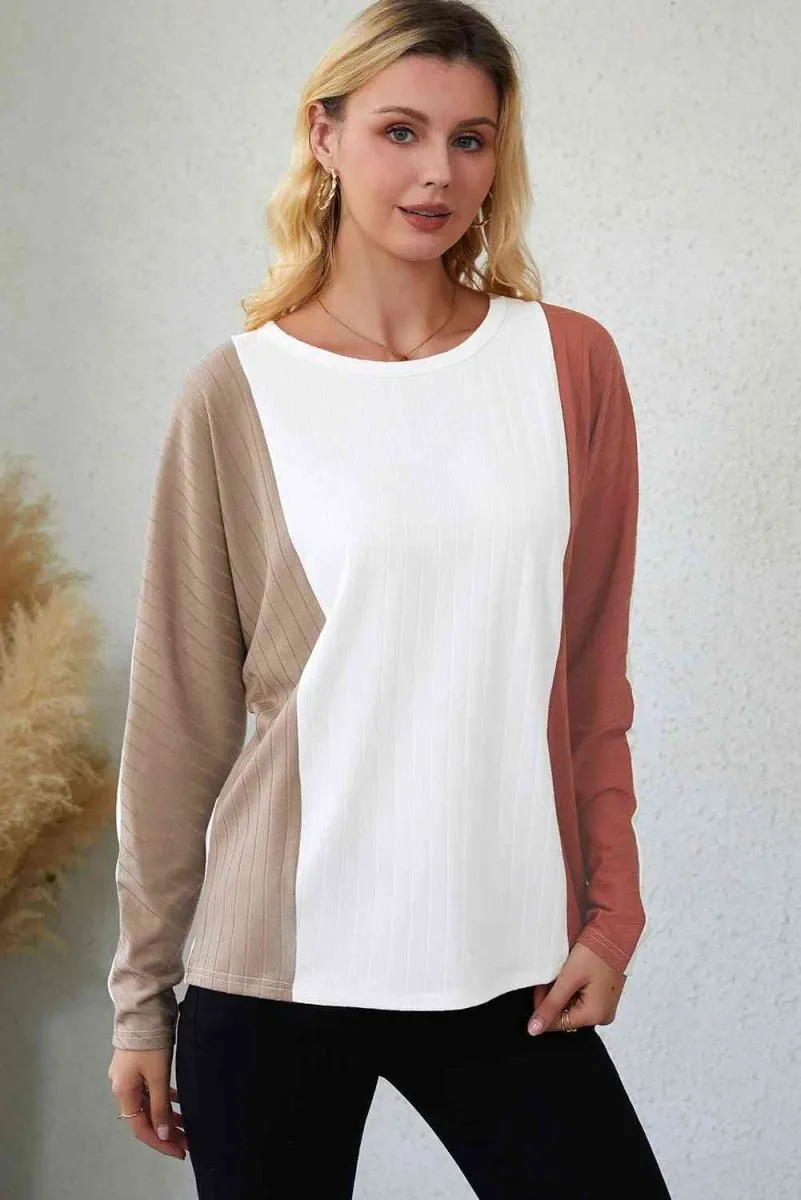 Neutral Tones Long Sleeve Pleated Blouse