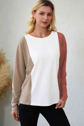 Neutral Tones Long Sleeve Pleated Blouse
