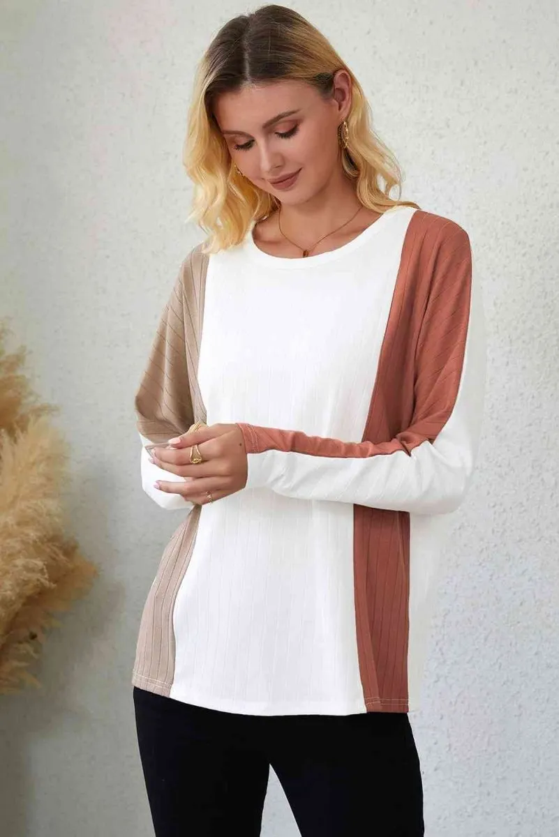 Neutral Tones Long Sleeve Pleated Blouse