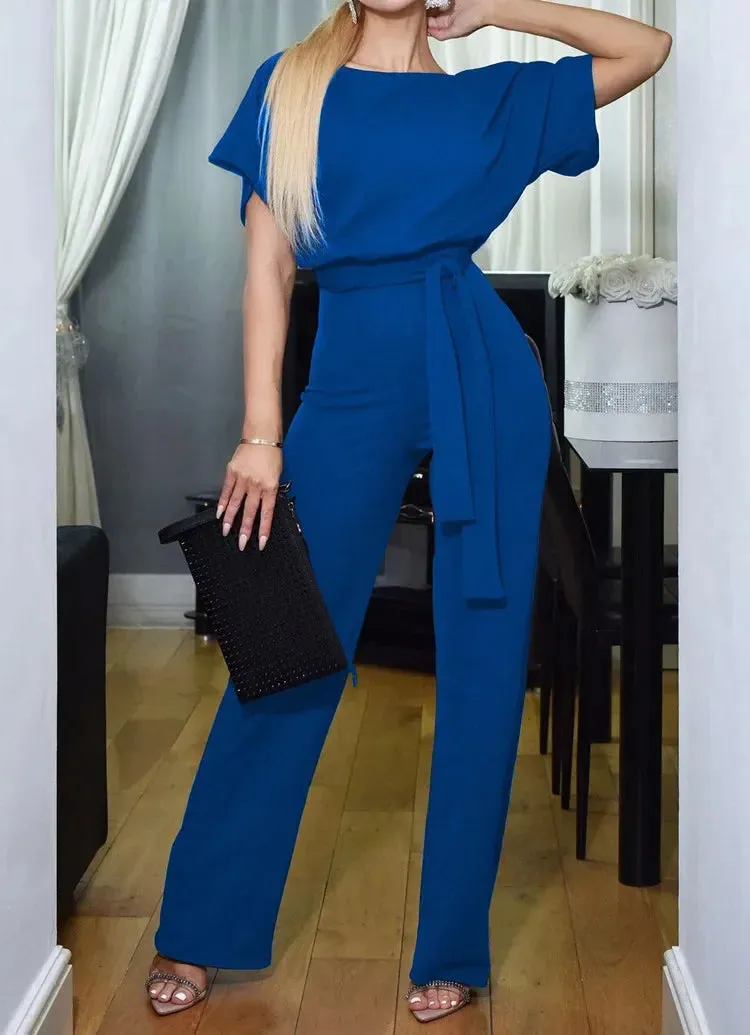 Nora Lace-up Jumpsuit | Sommerlicher Damenjumpsuit mit kurzen Ärmeln und Gürtel