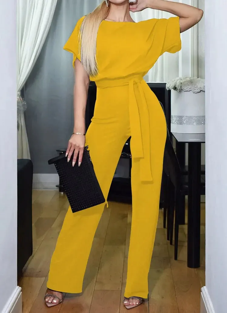 Nora Lace-up Jumpsuit | Sommerlicher Damenjumpsuit mit kurzen Ärmeln und Gürtel