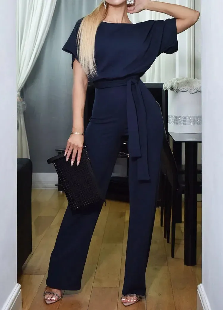 Nora Lace-up Jumpsuit | Sommerlicher Damenjumpsuit mit kurzen Ärmeln und Gürtel